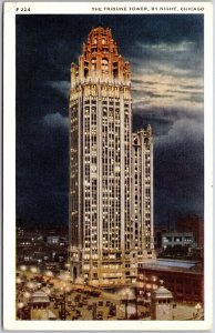 The Tribune Tower By Night Chicago Illinois IL Tower Building Cars Postcard