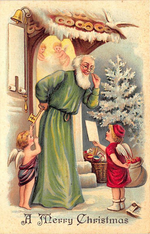 Christmas Santa Claus Green Robed Angels Dove Embossed Postcard