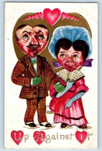 Minneapolis MN Postcard Valentine Heart Head Couple Up Against It Embossed