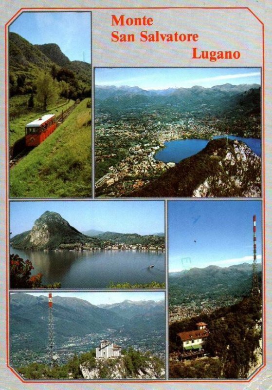 VINTAGE CONTINENTAL SIZE POSTCARD FIVE SCENE MONTE SAN SALVATORE LUGANO