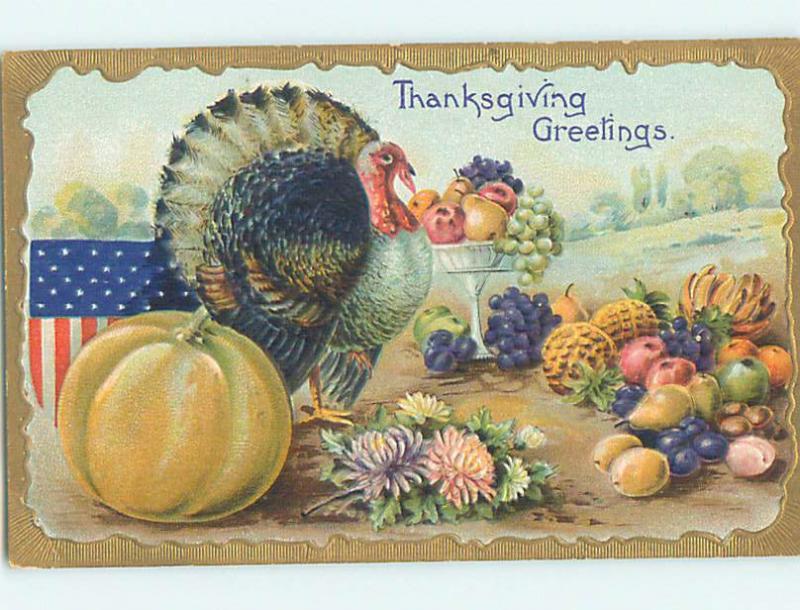 Pre-Linen patriotic thanksgiving USA FLAG WITH TURKEY AND PUMPKIN HJ2987