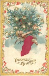 Christmas - Cherub w/ Decorated Tree SILK c1910 Postcard