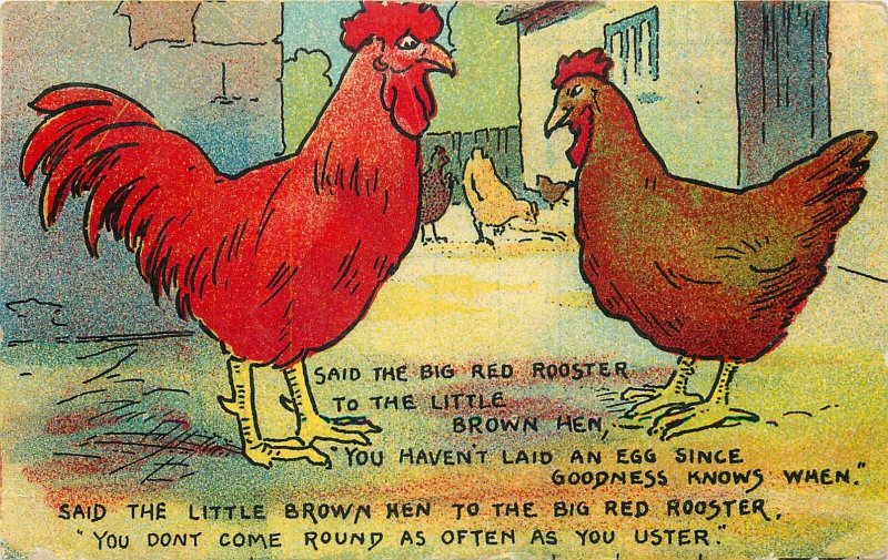 Rooster-Hen dialogue comic illustration Postcard