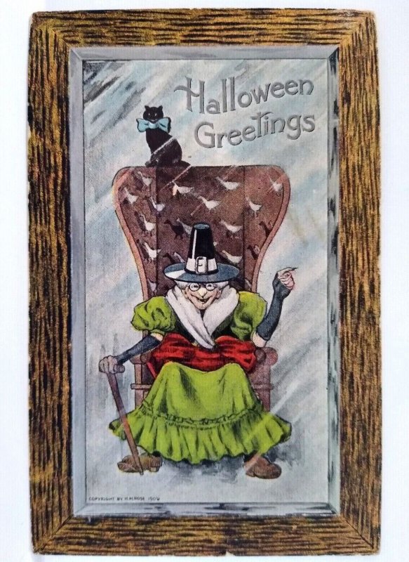 Halloween Postcard Fantasy Seated Witch Black Cat Blue Bow Tie H M Rose TRG 1909 