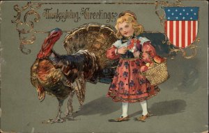 Thanksgiving Little Girl with Turkey American Flag Shield Gel c1910 Postcard