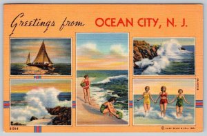 1941 GREETINGS FROM OCEAN CITY NJ BATHING BEAUTIES SAILBOAT CURT TEICH POSTCARD