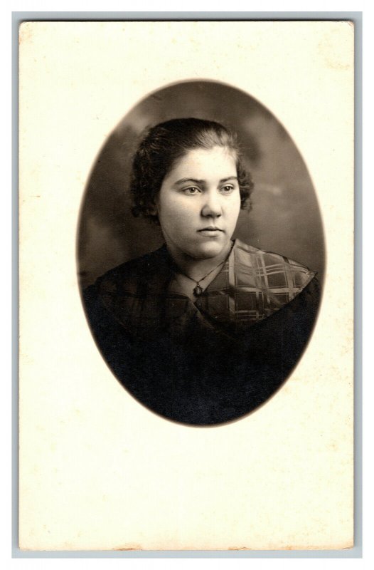 Serious Looking Young Woman In Dress Vintage Standard View Real Photo Postcard 