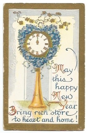 Old Postcard 1913 Happy New Year Clock covered in blue Forget Me Nots