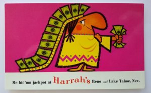 Harrahs Club Casino Postcard Money Chief With Cash Reno Lake Tahoe Nevada Chrome