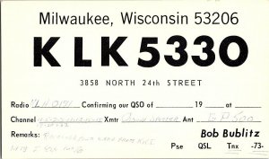 QSL Radio Card From Milwaukee Wisconsin KLK 5330