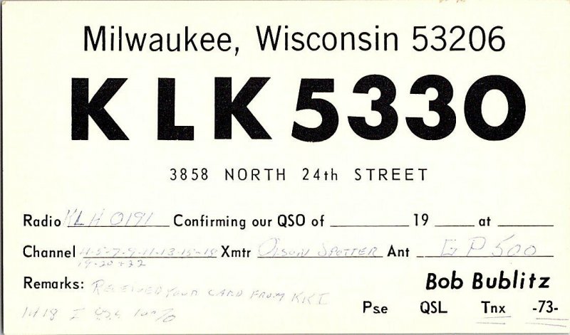 QSL Radio Card From Milwaukee Wisconsin KLK 5330 
