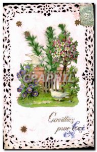 Old Postcard Fantasy Flowers Doves Embroidery