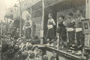 France social history carte d`autrefois parade de hercules strongmen show Paris