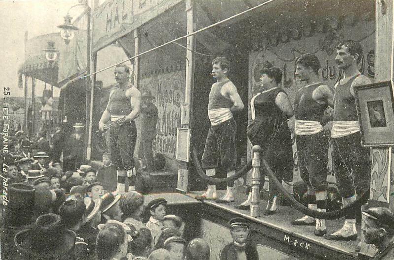 France social history carte d`autrefois parade de hercules strongmen show Paris