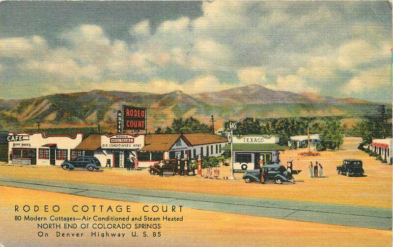 Denver Colorado Gas Station 1952 Rodeo Cottage Court Postcard Teich 4013