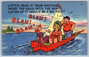 Couple With Babbling Mother In Law, Sailboat Humor, Tichnor Pre-linen Postcard