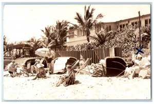 1942 Candid Beach Shot Men Women Swimsuit Pompano Florida FL RPPC Photo Postcard