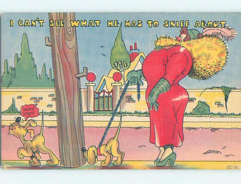 Unused Linen comic FAT WOMAN WALKING HER DOG o7951