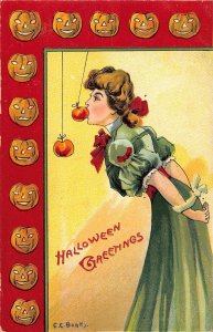 J87/ Halloween Postcard Holiday c1910 Apple Bobbing Woman String 74