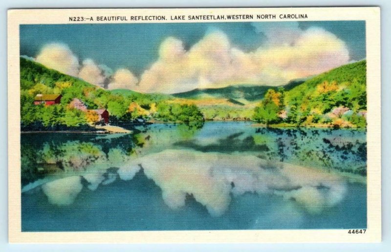 2 Postcards WESTERN NORTH CAROLINA, NC ~ Dam & Reflection LAKE SANTEETLAH 1940s