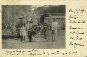 malay malaysia, PENANG, Native Rickshaw Driver with Customers (1900) Postcard