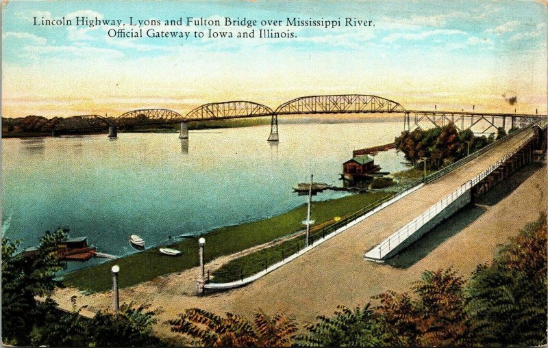 Lincoln HWY Lyons Fulton Bridge Mississippi River Antique Postcard UNP Unused 