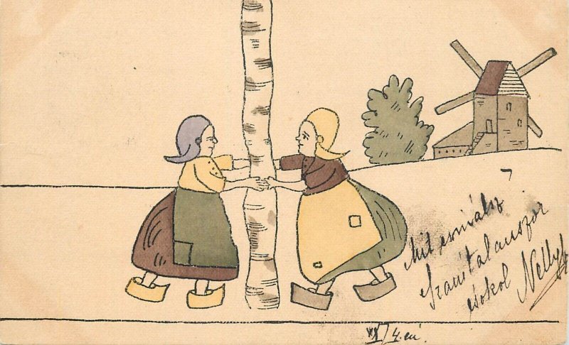Lovely drawn children greetings postcard Netherland costume wood shoe windmill