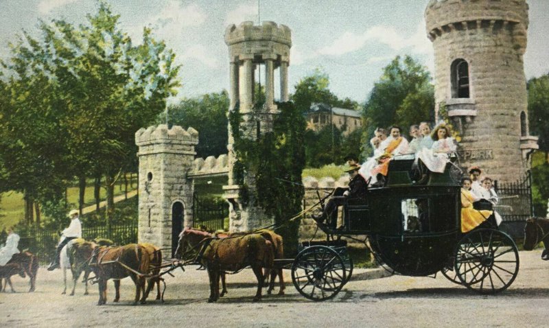 View at Entrance to Krug Park Postcard St. Joseph MO Horse Carriage People