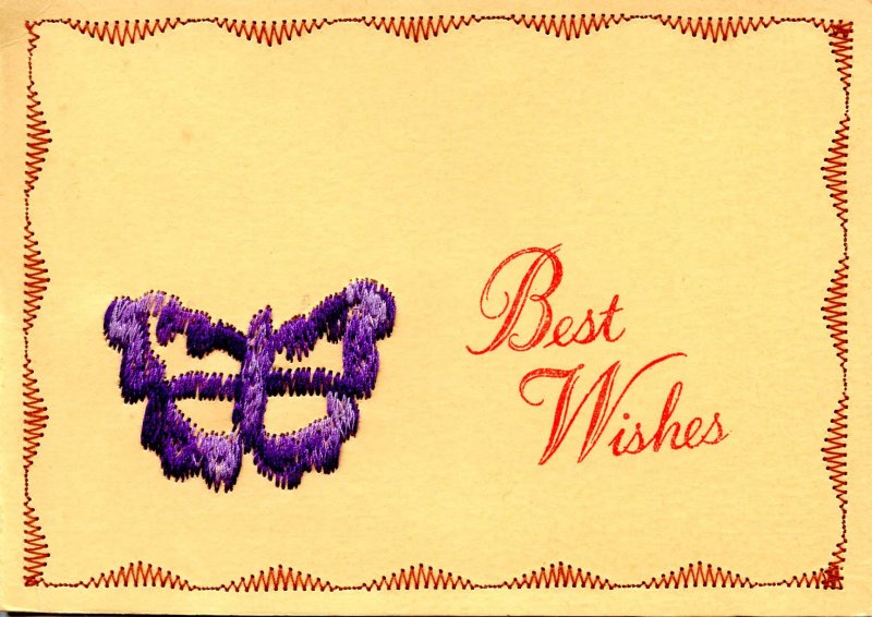 Greeting - Best Wishes. Embroidered Butterfly and Border 