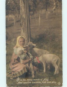 Pre-Linen GIRL HOLDING BABY LAMB IN HER ARMS HL6293