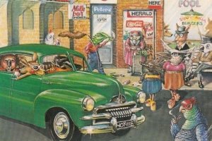 Australian Milk Bar Burger Animal Farm Cat Birds Comic Postcard