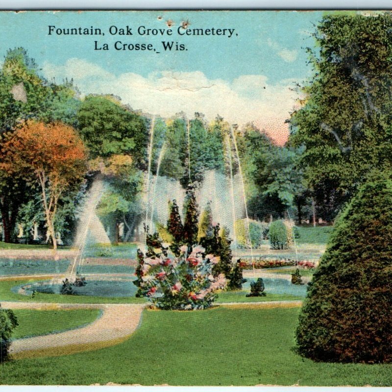 c1910s La Crosse, Wis. Oak Grove Cemetery Postcard Spence McCord Fountain WI A41