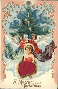 CHRISTMAS Angels w Baby Jesus in Manger REAL SILK CLOTHING c1910 PC