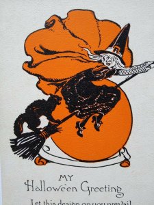 Vintage Halloween Postcard Metropolitan News 1133 Black Cat Witch Non Posted