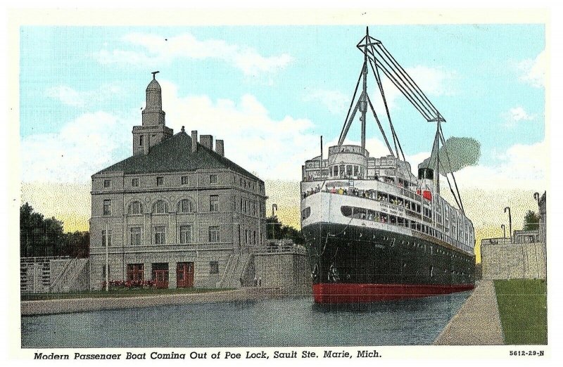 Modern Passenger Boat Coming Out of Poe Lock, Sault Ste. Marie, Mich. Postcard