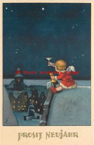 New Year, Meissner & Buch No 2716, Angel Toasting Champagne from Roof Top