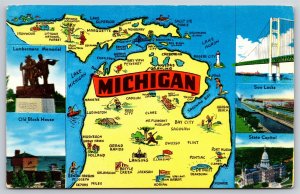State Maps~5 Labeled Views & Map of Michigan~Vintage Postcard