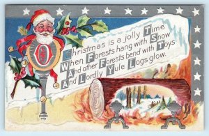 CHRISTMAS IS A JOLLY TIME Embossed SANTA & Yule Log ca 1910s  Postcard