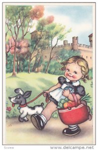 Little girl carrying bag full of groceries, Dog on a leash, Castle, Spring Sc...