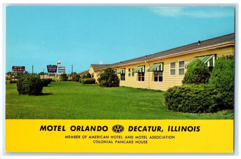 c1950's Decatur Illinois Motel Orlando & Restaurant Cottages Grounds IL Postcard