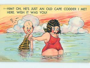 1950's risque CHUBBY BATHING SUIT GIRL WITH OLD MAN FROM CAPE COD MA HJ3229