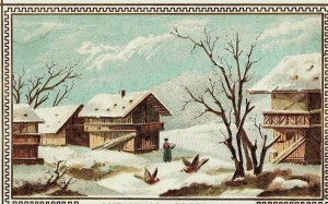 1880's Christmas Trade Card St. Nicholas Winter Scene Snow Cottages P125