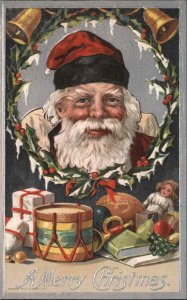 Christmas Santa Claus Drum Doll Dolly Horn and Books c1910 Vintage Postcard