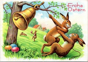 Postcard German Frohe Ostern - Happy Easter - Bunny ringing bell