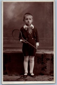 c1910's Little Boy With Tennis Rocket Studio RPPC Photo Antique Postcard