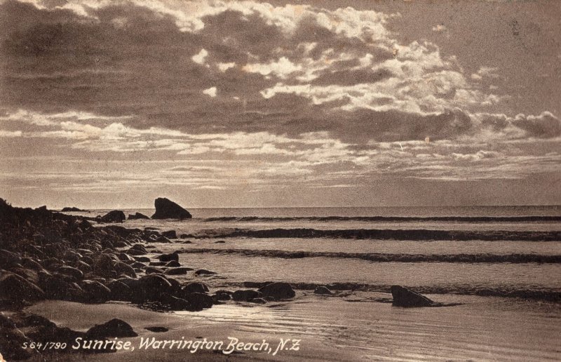 Sunrise Over Warrington Beach Otago New Zealand Old Postcard