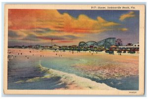1942 Sunset Bathing Roller Coaster Waves Jacksonville Beach Florida FL Postcard