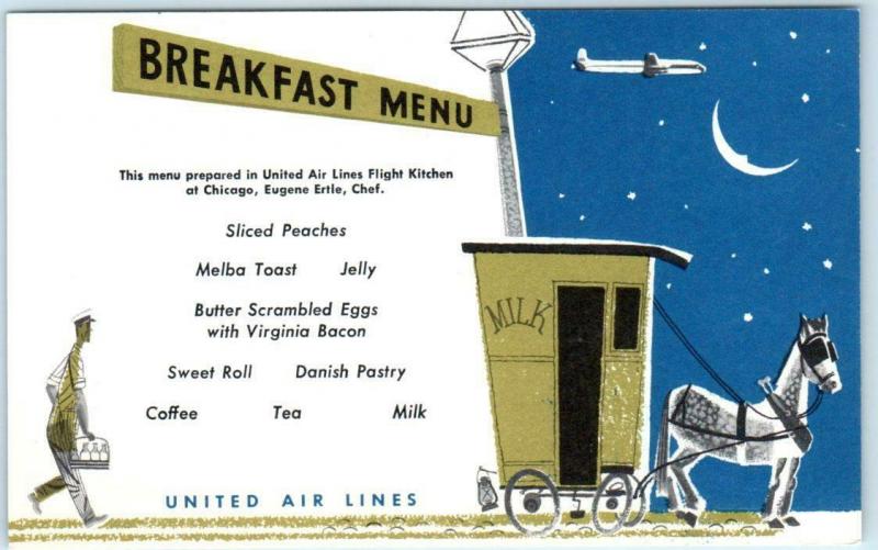 UNITED AIR LINES Airlines  BREAKFAST MENU Milkman Milk Wagon Moon Stars Postcard