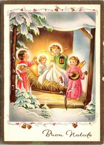 Angels, Baby Jesus Manger Buon Natale Christmas Postcard Ediz Rinup UNP