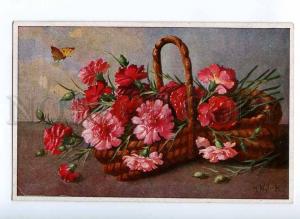 190111 Flowers in Basket BUTTERFLY by H.N. Vintage postcard